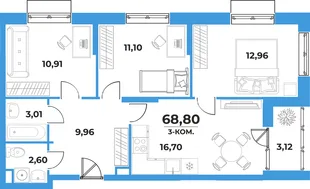 Планировка 3-комн. квартира, 68.8 м² ЖК «На семи холмах»