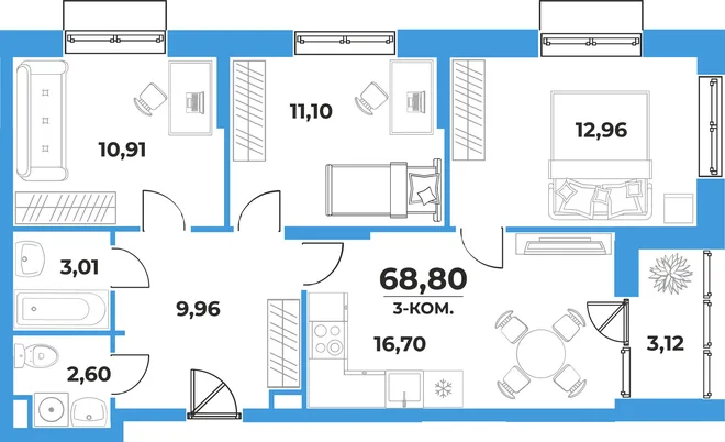 Планировка 3-комн. квартира, 68.8 м² ЖК «На семи холмах» Планировка 3-комн. квартира, 68.8 м² ЖК «На семи холмах»