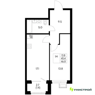 Планировка 1-комн. квартира, 46.8 м² ЖК «Стадиум»