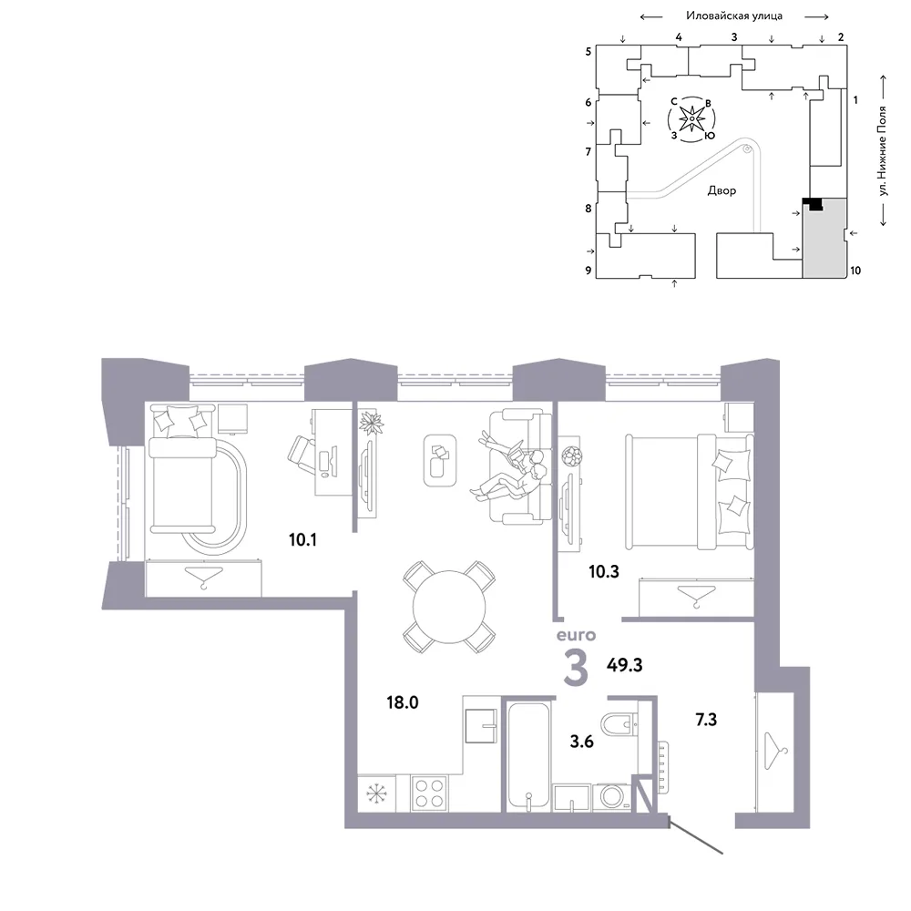 Планировка 3-комн. квартира, 49.3 м² ЖК «Страна.Заречная»