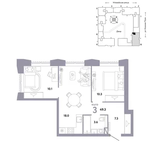 Планировка 3-комн. квартира, 49.3 м² ЖК «Страна.Заречная»