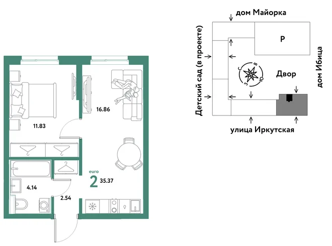 Планировка 2-комн. квартира, 35.37 м² ЖК «Остров-сад» Планировка 2-комн. квартира, 35.37 м² ЖК «Остров-сад»