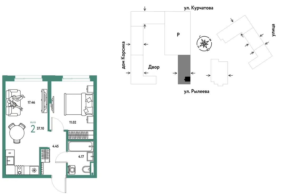 Планировка 2-комн. квартира, 37.06 м² ЖК «Остров-сад»