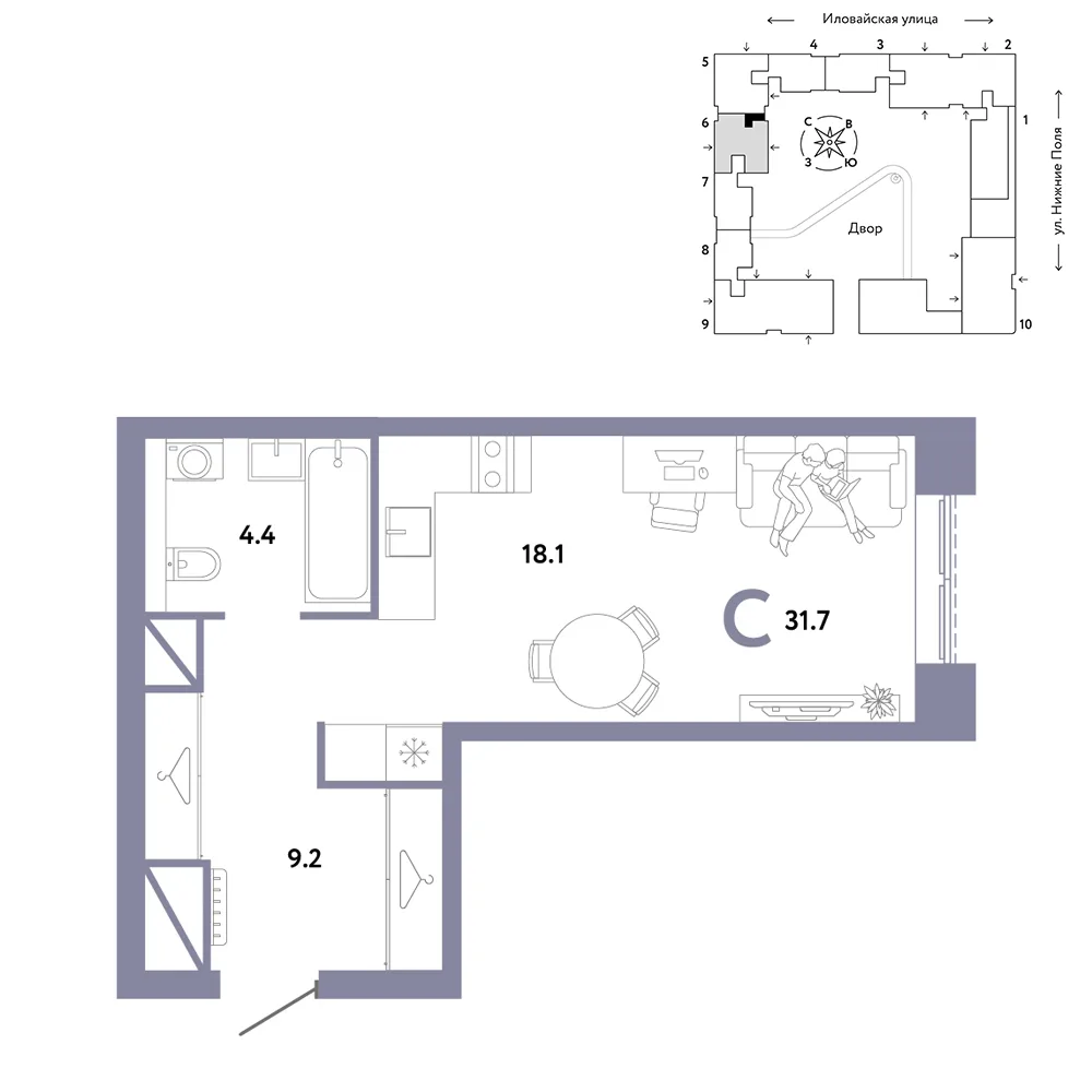 Планировка Студия, 31.7 м² ЖК «Страна.Заречная»