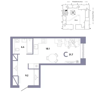 Планировка Студия, 31.7 м² ЖК «Страна.Заречная»