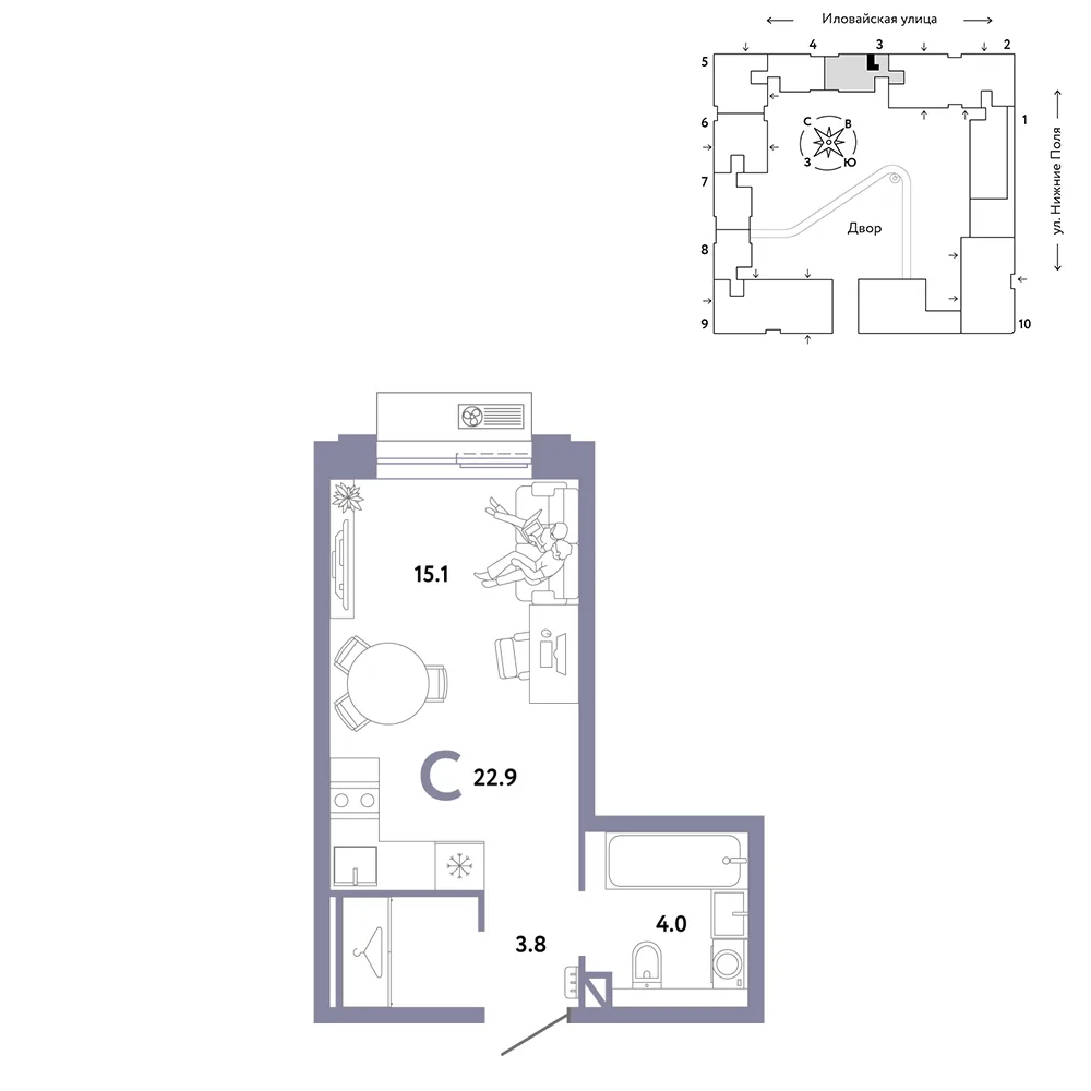 Планировка Студия, 22.9 м² ЖК «Страна.Заречная»