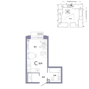 Планировка Студия, 22.9 м² ЖК «Страна.Заречная»