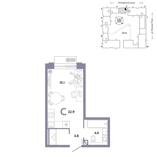 Планировка Студия, 22.9 м² ЖК «Страна.Заречная» Планировка Студия, 22.9 м² ЖК «Страна.Заречная»