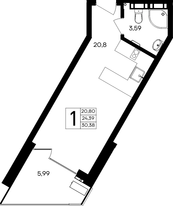 Планировка 1-комн. квартира, 30.38 м² Апарт-комплекс «Песок и море»