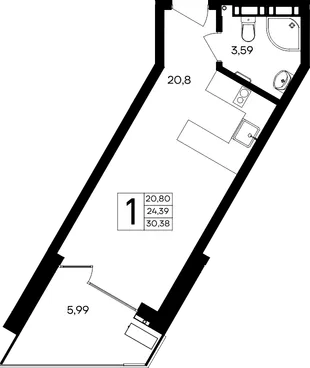 Планировка 1-комн. квартира, 30.38 м² Апарт-комплекс «Песок и море»