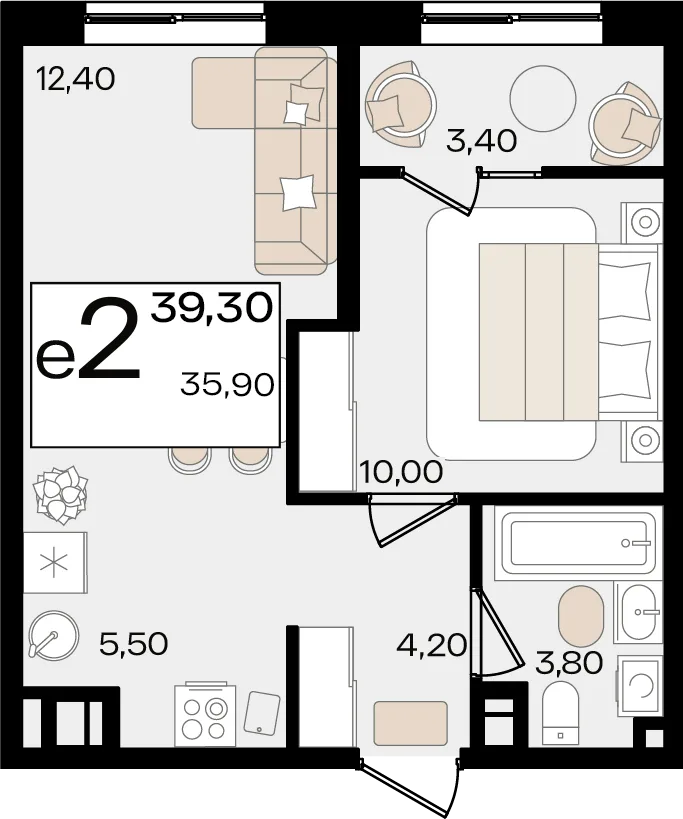 Планировка 2-комн. квартира, 39.3 м² ЖК «Патрики»
