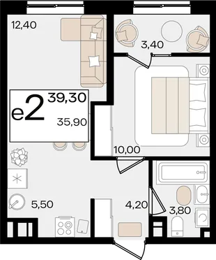 Планировка 2-комн. квартира, 39.3 м² ЖК «Патрики»