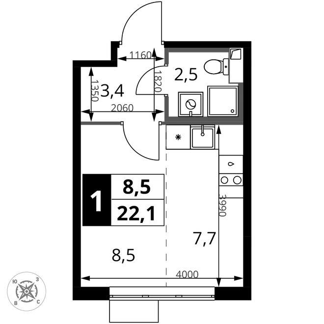 Планировка Студия, 22.1 м² ЖК «1-й Шереметьевский» Планировка Студия, 22.1 м² ЖК «1-й Шереметьевский»