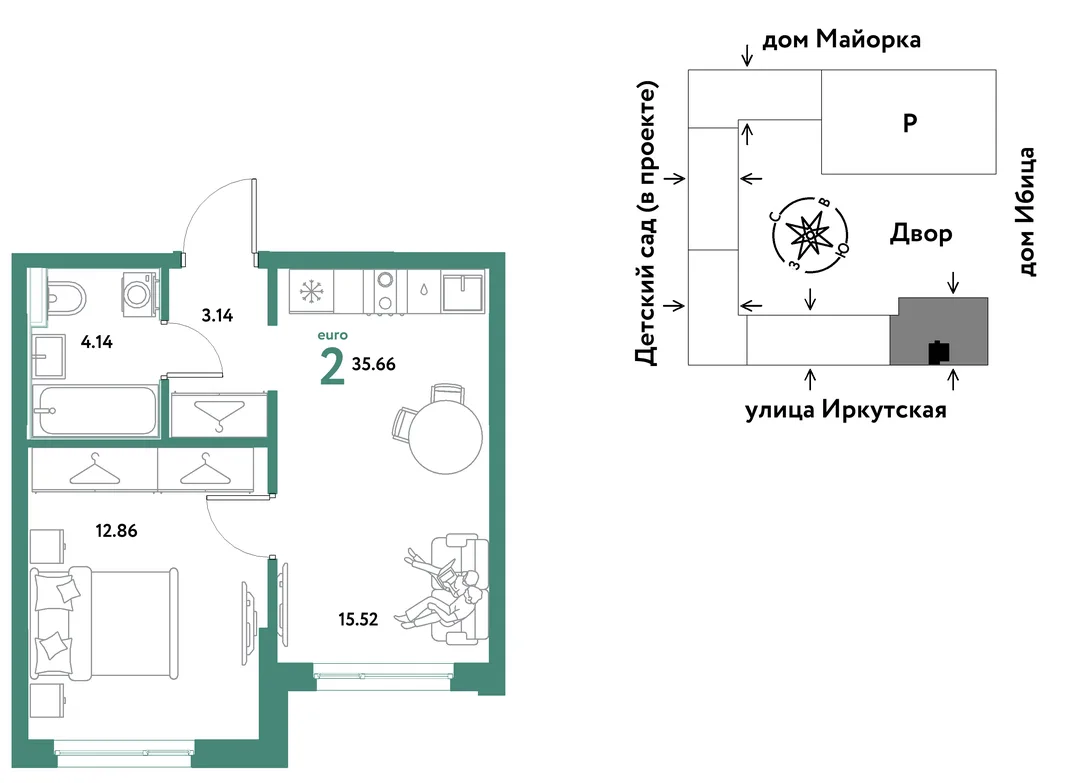 Планировка 2-комн. квартира, 35.66 м² ЖК «Остров-сад»