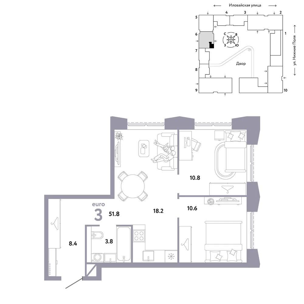 Планировка 3-комн. квартира, 51.8 м² ЖК «Страна.Заречная»