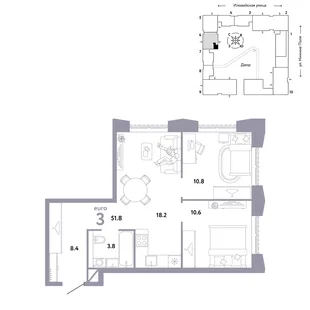 Планировка 3-комн. квартира, 51.8 м² ЖК «Страна.Заречная»