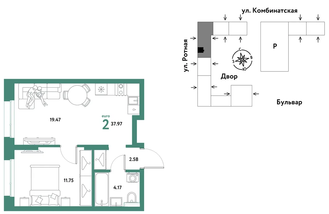 Планировка 2-комн. квартира, 37.8 м² ЖК «Уральский сад»