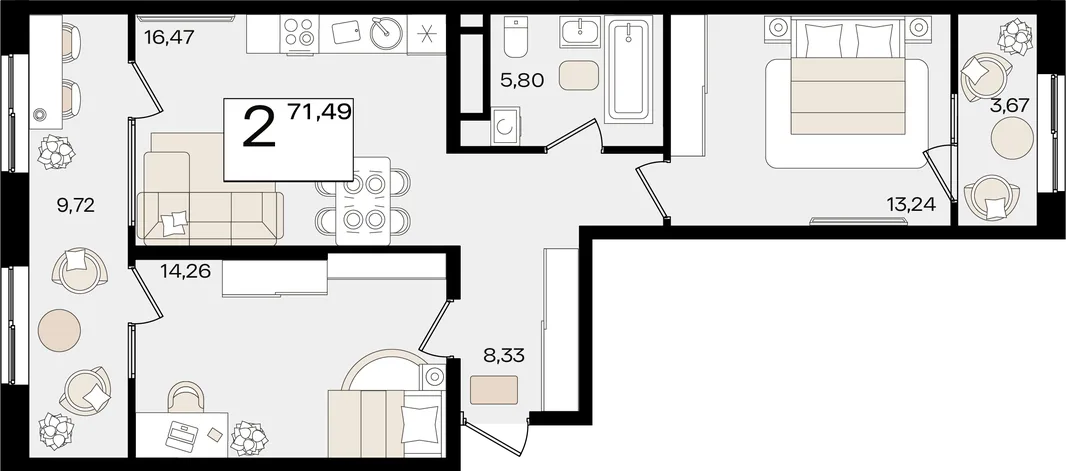 Планировка 2-комн. квартира, 71.49 м² ЖК «Патрики»