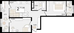 Планировка 2-комн. квартира, 71.49 м² ЖК «Патрики»