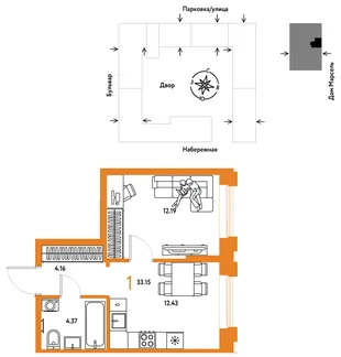 Планировка 1-комн. квартира, 33.15 м² ЖК «Европейский берег 2.0»