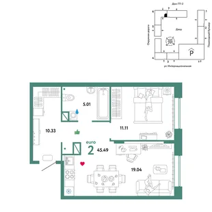 Планировка 2-комн. квартира, 45.49 м² ЖК «Юнион»
