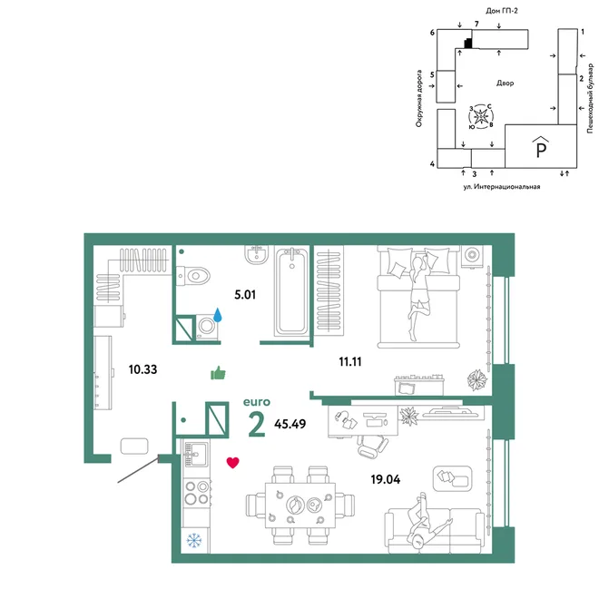 Планировка 2-комн. квартира, 45.49 м² ЖК «Юнион» Планировка 2-комн. квартира, 45.49 м² ЖК «Юнион»