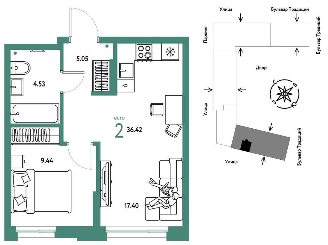 Планировка 2-комн. квартира, 36.42 м² ЖК «Микрорайон Домашний»