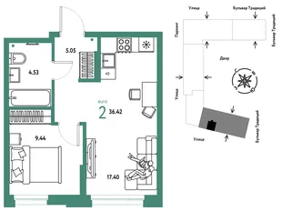 Планировка 2-комн. квартира, 36.42 м² ЖК «Микрорайон Домашний»