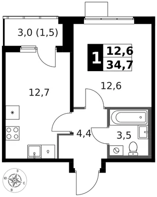 Квартира 1-комн. квартира, 35.3 м² ЖК «1-й Ясеневский» Фото 1