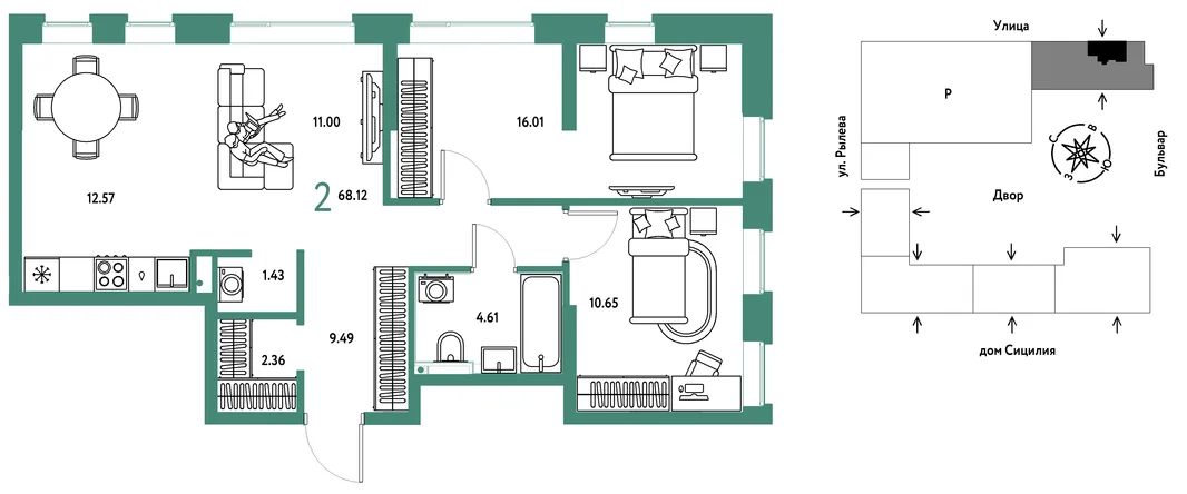 Планировка 2-комн. квартира, 68.12 м² ЖК «Остров-сад»