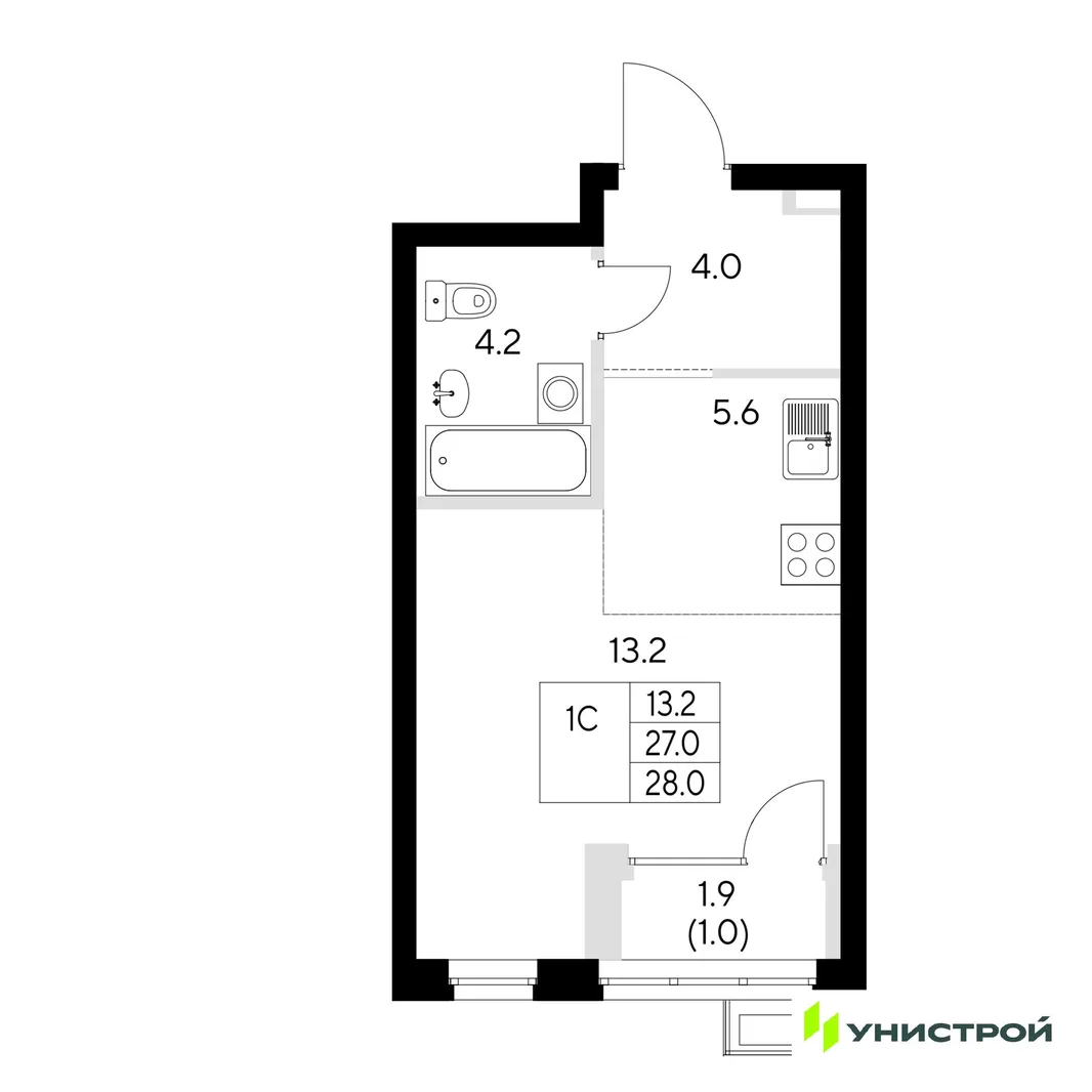 Планировка 1-комн. квартира, 28 м² ЖК «Стадиум»