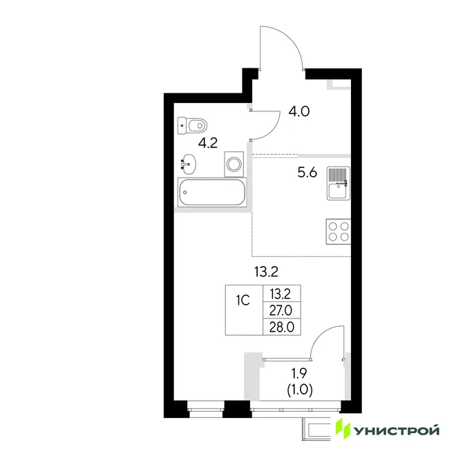 Планировка 1-комн. квартира, 28 м² ЖК «Стадиум»