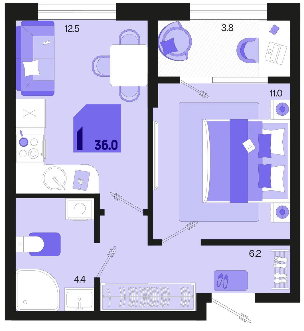 Планировка 1-комн. квартира, 37.9 м² ЖК «Первое место»