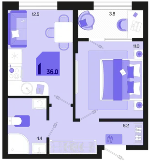 Планировка 1-комн. квартира, 37.9 м² ЖК «Первое место»