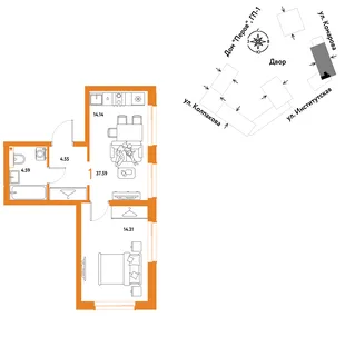 Планировка 1-комн. квартира, 37.59 м² ЖК «Страна.Парковая»