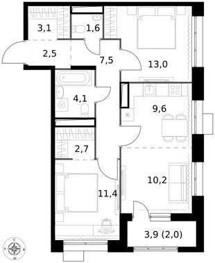 Квартира 3-комн. квартира, 67.7 м² ЖК «1-й Саларьевский» Фото 1 Квартира 3-комн. квартира, 67.7 м² ЖК «1-й Саларьевский» Фото 1
