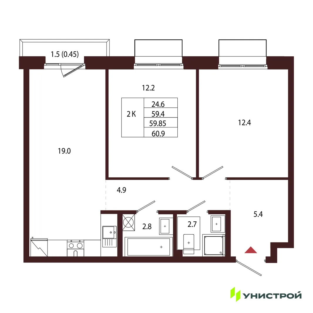 Планировка 2-комн. квартира, 59.85 м² ЖК «Лисино»