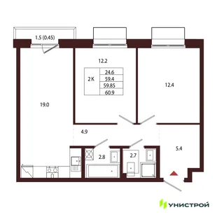 Планировка 2-комн. квартира, 59.85 м² ЖК «Лисино»