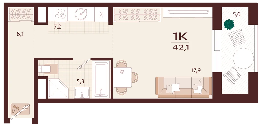 Планировка 1-комн. квартира, 42.1 м² ЖК «Роялта»