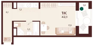 Планировка 1-комн. квартира, 42.1 м² ЖК «Роялта»