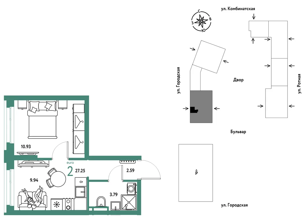 Планировка 2-комн. квартира, 27.25 м² ЖК «Уральский сад»