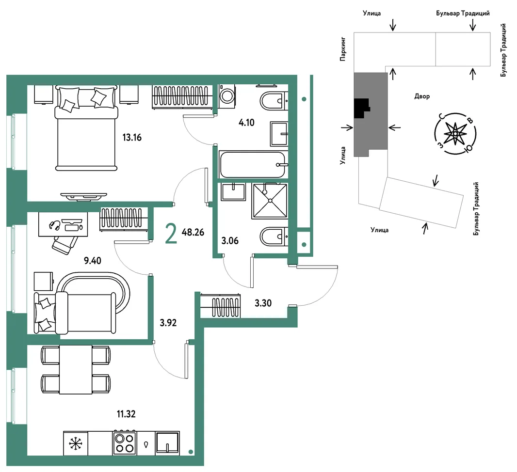 Планировка 2-комн. квартира, 48.26 м² ЖК «Микрорайон Домашний»