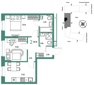Планировка 2-комн. квартира, 48.26 м² ЖК «Микрорайон Домашний»