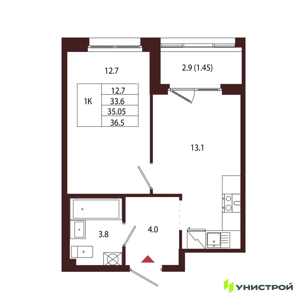 Планировка 1-комн. квартира, 35.05 м² ЖК «Лисино»
