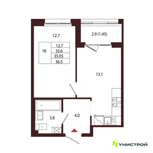 Планировка 1-комн. квартира, 35.05 м² ЖК «Лисино»