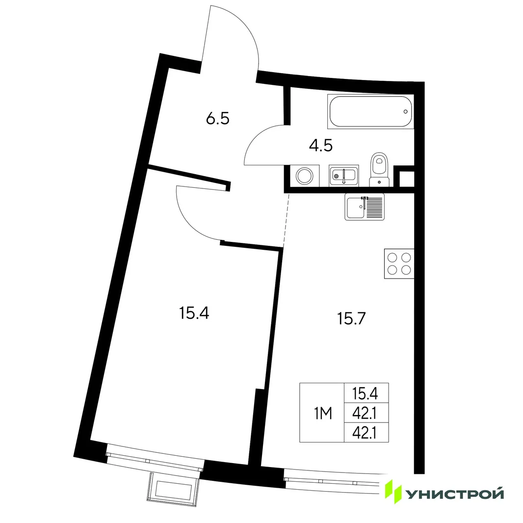 Планировка 1-комн. квартира, 42.1 м² ЖК «Стадиум»