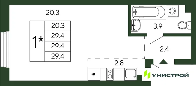 Планировка 1-комн. квартира, 29.4 м² ЖК «Парковый квартал 2.0»