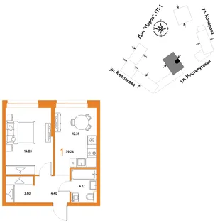 Планировка 1-комн. квартира, 39.26 м² ЖК «Страна.Парковая»