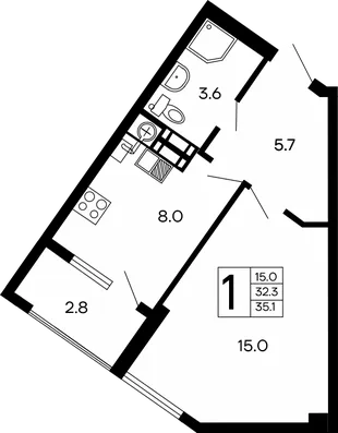 Планировка 1-комн. квартира, 35.1 м² ЖК «Семейный»