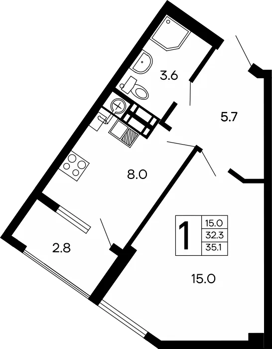 Планировка 1-комн. квартира, 35.1 м² ЖК «Семейный» Планировка 1-комн. квартира, 35.1 м² ЖК «Семейный»